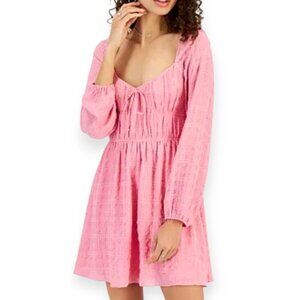 Kingston Grey Pink Smocked Sweetheart Neckline Long Sleeve Dress Medium